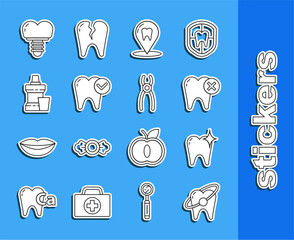 Sticker - Set line Tooth whitening concept, with caries, Dental clinic location, Mouthwash plastic bottle, implant and pliers icon. Vector