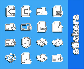 Poster - Set line Finance document folder, Cloud upload, Upload file, storage text, Document protection, Add new, Next page arrow and XLS icon. Vector
