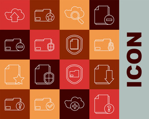 Poster - Set line Unknown document, Document with download, Folder and lock, Search cloud computing, folder protection, minus, Cloud upload and concept icon. Vector