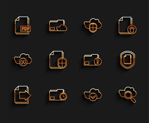 Poster - Set line Next page arrow, Document folder with clock, PDF file document, Cloud check mark, Search cloud computing, protection concept, and Unknown icon. Vector