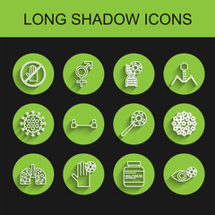 Poster - Set line Virus cells in lung, Hand with virus, No handshake, Medicine bottle pills, Reddish eye due to, Safe distance, and under magnifying glass icon. Vector