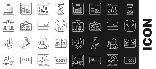 Poster - Set line Zero cost, Stacks paper money cash, Bear market, Bitcoin in browser, Identification badge, Bank building, Pie chart infographic and Credit card icon. Vector