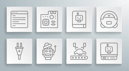 Poster - Set line Electric plug, Motherboard digital chip, Robot, Robotic robot arm on factory, User manual, vacuum cleaner and Computer api interface icon. Vector