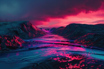 Wall Mural - Neon Grainy landscape, futuristic design, wave music, 80s styled Surreal landscape.