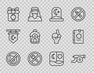 Poster - Set line No pig, Ramadan cannon, Muslim cemetery, fasting, Gift box, Kareem lantern, and Holy book of Koran icon. Vector