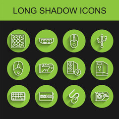 Poster - Set line Keyboard, SSHD card, Computer cooler, mouse, Video graphic, Case of computer and icon. Vector