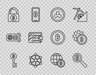 Poster - Set line Cryptocurrency Bitcoin key, Magnifying glass with, Ripple XRP, Blockchain technology, Lock bitcoin, wallet, Globe and cryptocurrency and icon. Vector