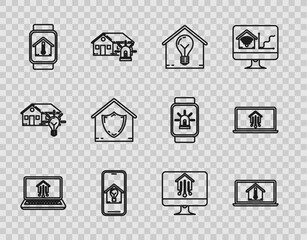 Poster - Set line Laptop with smart home, house temperature, Smart and light bulb, Mobile phone, watch, House under protection, Computer monitor and icon. Vector
