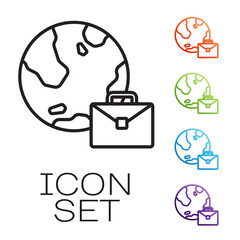 Poster - Black line Online working icon isolated on white background. Freelancer man working on laptop at his house. Remote work. Distant job concept. Set icons colorful. Vector