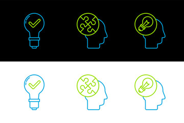 Sticker - Set line Human head with lamp bulb, Light and check mark and puzzles strategy icon. Vector