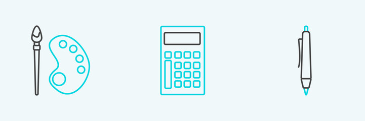 Poster - Set line Pen, Paint brush with palette and Calculator icon. Vector