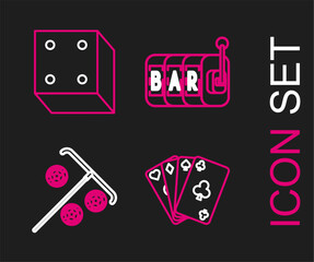 Sticker - Set line Playing cards, Stick for chips, Slot machine and Game dice icon. Vector