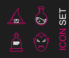 Wall Mural - Set line Vampire, Tombstone with RIP, Bottle potion and Witch hat icon. Vector