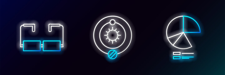 Poster - Set line Pie chart infographic, Glasses and Solar system icon. Glowing neon. Vector