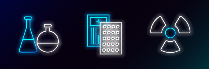 Poster - Set line Radioactive, Test tube and flask chemical laboratory and Pills in blister pack icon. Glowing neon. Vector