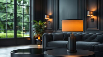 Poster - : Place this 37 cm high table lamp on a black table in a black elegant interior. 8k