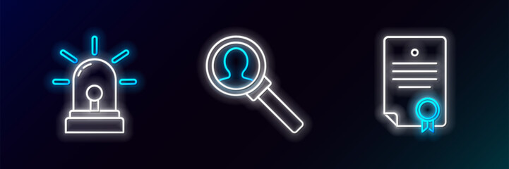 Sticker - Set line Certificate template, Flasher siren and Magnifying glass for search icon. Glowing neon. Vector