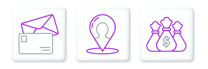 Poster - Set line Money bag, Envelope and Map marker with silhouette of person icon. Vector