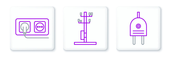 Poster - set line electric plug, electrical outlet and high voltage power pole line icon. vector