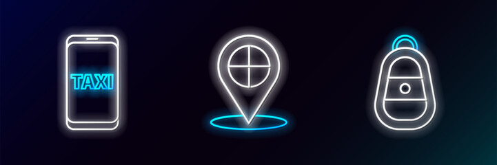 Poster - Set line Car key with remote, Taxi call telephone service and Map pointer taxi icon. Glowing neon. Vector