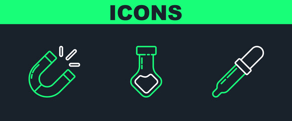 Poster - Set line Pipette, Magnet and Test tube and flask chemical icon. Vector