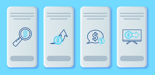 Poster - Set line Financial growth and coin, Speech bubble with dollar, Magnifying glass and Monitor icon. Vector