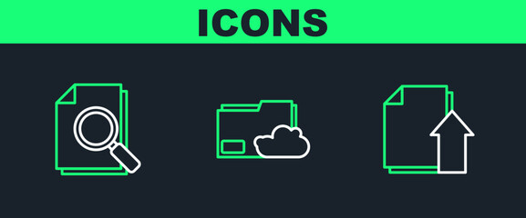 Poster - Set line Upload file document, Document with search and Cloud storage text folder icon. Vector