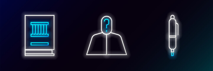 Poster - set line pen, law book and anonymous with question mark icon. glowing neon. vector