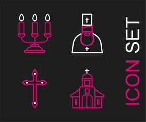 Poster - Set line Church building, Christian cross, Priest and Candelabrum with candlesticks icon. Vector