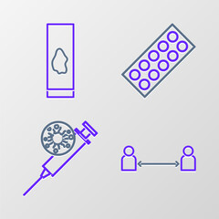 Poster - Set line Safe distance, Syringe and virus, Pills blister pack and Blood test icon. Vector