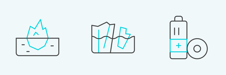 Poster - set line battery, iceberg and glacier melting icon. vector