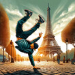fun and dynamic photo of a guy confidently breakdancing in unity with the cultural icon of Paris - the Eiffel Tower