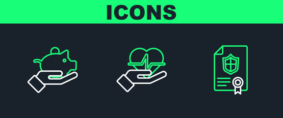 Sticker - Set line Contract with shield, Piggy bank in hand and Life insurance icon. Vector