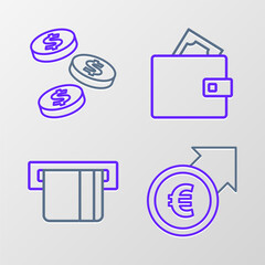 Poster - Set line Financial growth and euro, Credit card inserted, Wallet with money and Coin dollar icon. Vector