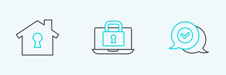Poster - Set line Check mark in speech bubble, House under protection and Laptop and lock icon. Vector