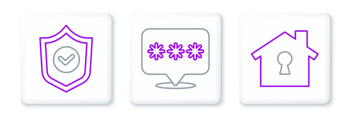 Poster - Set line House under protection, Shield with check mark and Password icon. Vector