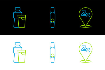 Poster - Set line Sleepy, Bottle of water with glass and Smartwatch icon. Vector