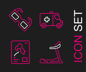 Poster - Set line Treadmill machine, X-ray shots, Emergency car and Eyeglasses icon. Vector