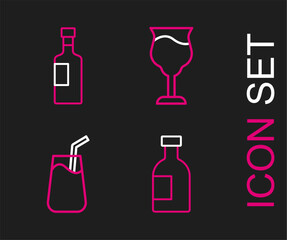 Poster - Set line Glass bottle of vodka, Cocktail, Wine glass and icon. Vector