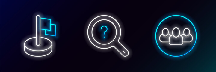 Poster - set line project team base, flag and unknown search icon. glowing neon. vector