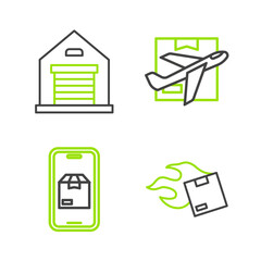 Poster - Set line Carton cardboard box, Mobile app delivery tracking, Plane and and Warehouse icon. Vector