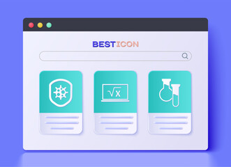 Poster - Set Square root of x glyph, Shield protecting from virus and Test tube and flask icon. Vector