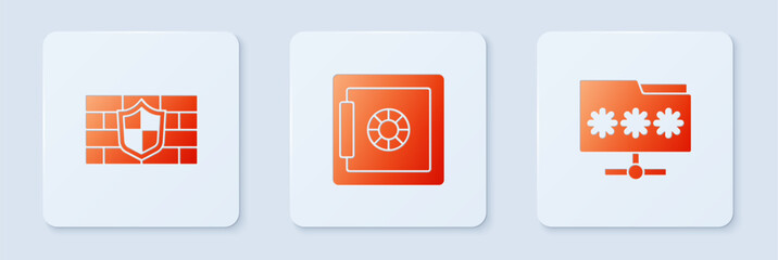 Poster - Set Safe, Shield with brick wall and Folder password. White square button. Vector