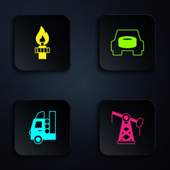 Sticker - Set Oil pump or pump jack, rig with fire, Gas tank for vehicle and Spare wheel in the car. Black square button. Vector