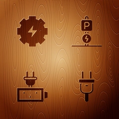 Poster - set electric plug, gear and lightning, battery charge and charging parking electric car on wooden ba