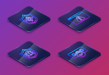 Sticker - Set Isometric line Shield, System bug, Browser with exclamation mark and Password protection. Blue square button. Vector