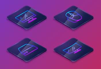 Sticker - Set Isometric line Computer monitor screen, Server, Data, Web Hosting, mouse and . Blue square button. Vector