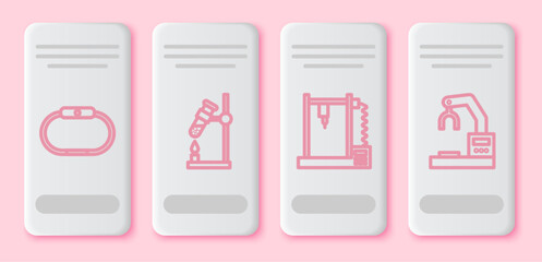 Poster - Set line Smartwatch, Test tube flask on fire, 3D printer and Robotic robot arm hand factory. White rectangle button. Vector