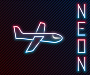 Wall Mural - Glowing neon line Plane icon isolated on black background. Flying airplane icon. Airliner sign. Colorful outline concept. Vector