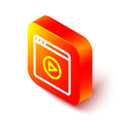 Poster - Isometric line Online play video icon isolated on white background. Film strip with play sign. Orange square button. Vector